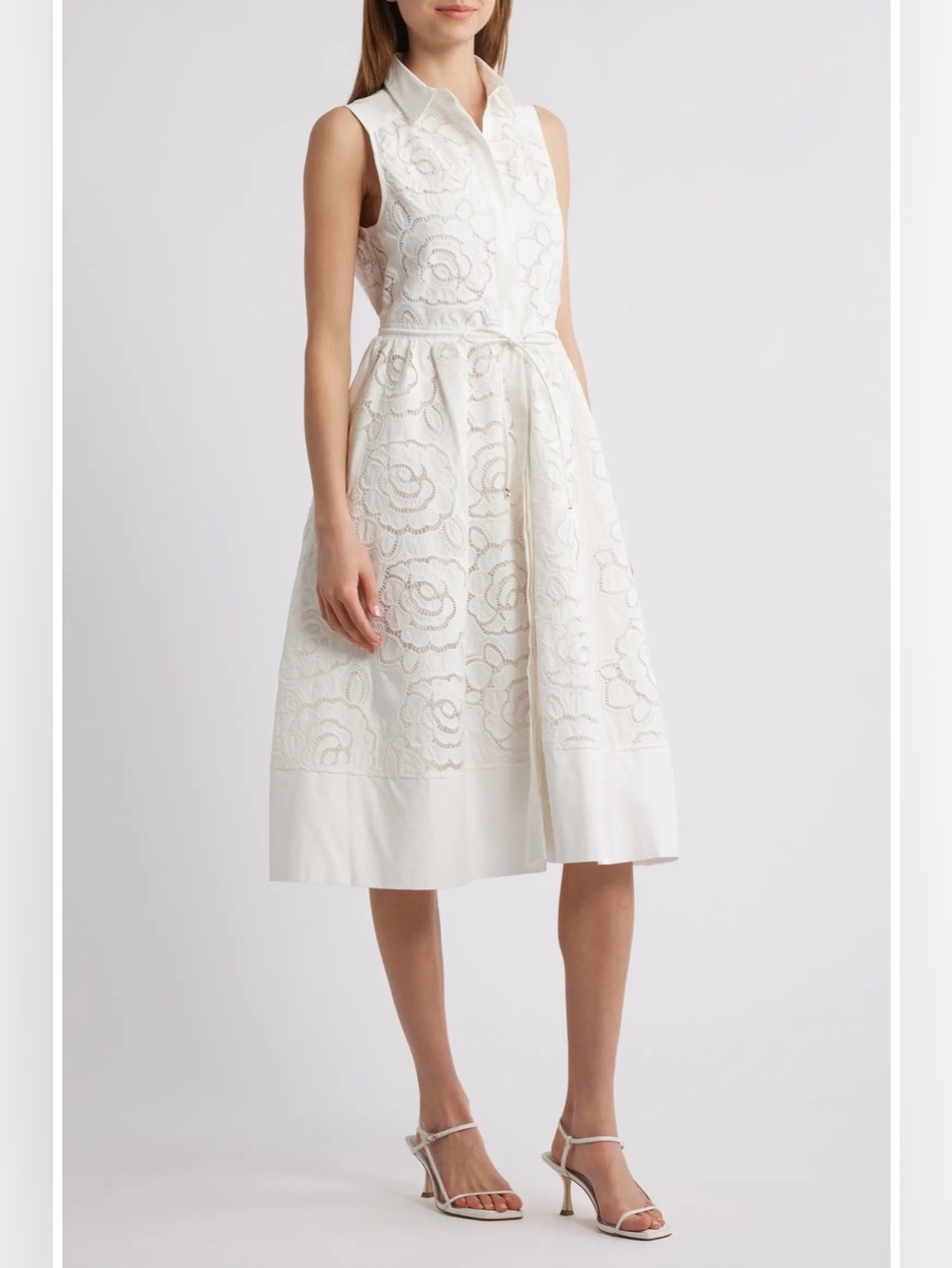 En Saison Chloe White Floral Laser Cut Midi Dress with Tie Waist